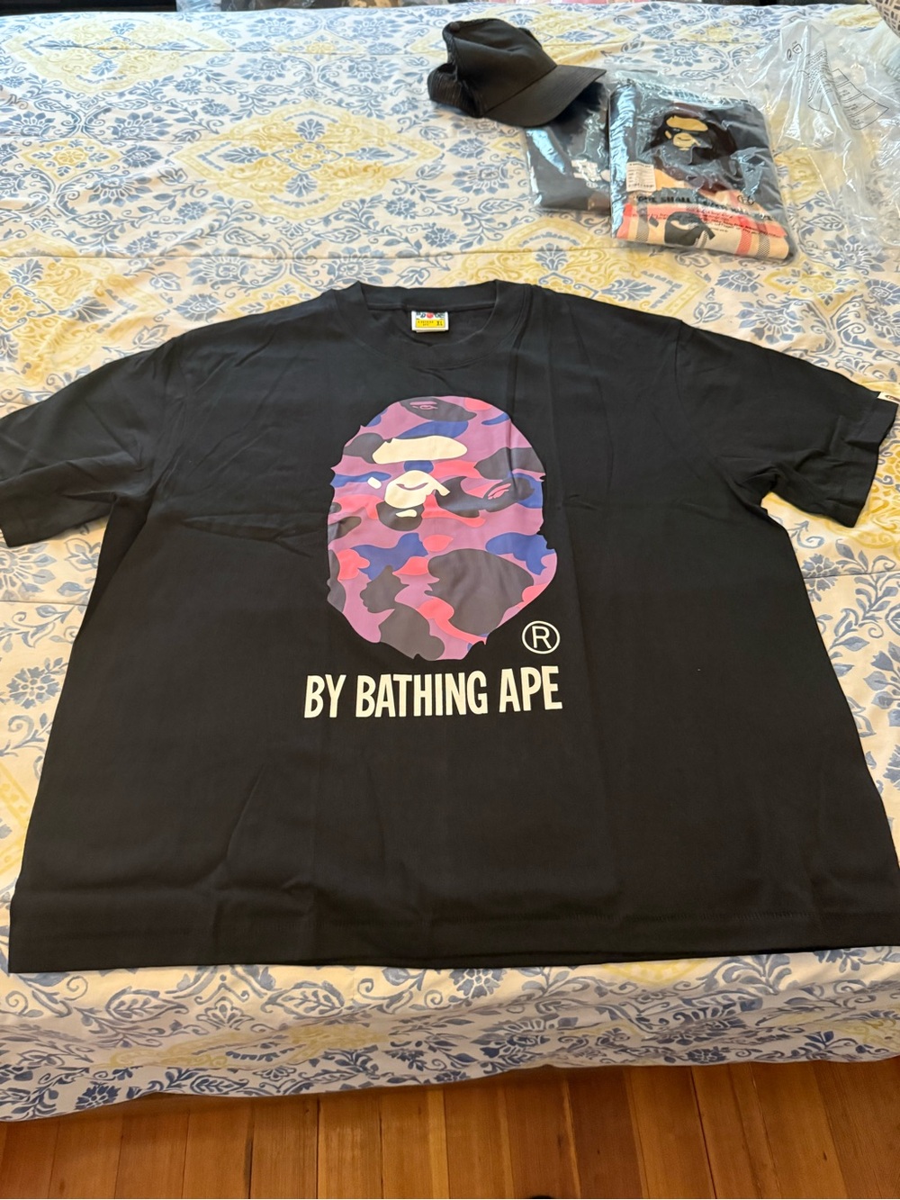 Bape Black Tee with Purple and Pink Camo Ape Graphic